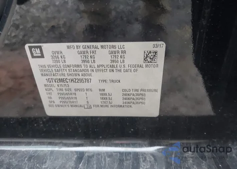 2017 GMC Sierra 1500 Sle z USA, uszkodzony, nr VIN 1GTV2MEC1HZ295787